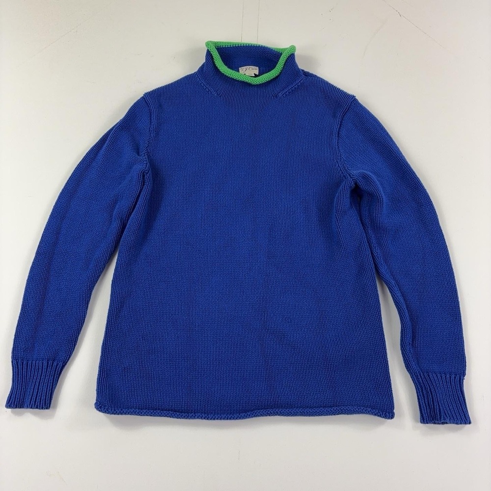 J Crew Sweater Womens XS Blue Mock Neck Fisherman Contrast Trim Knit Pullover